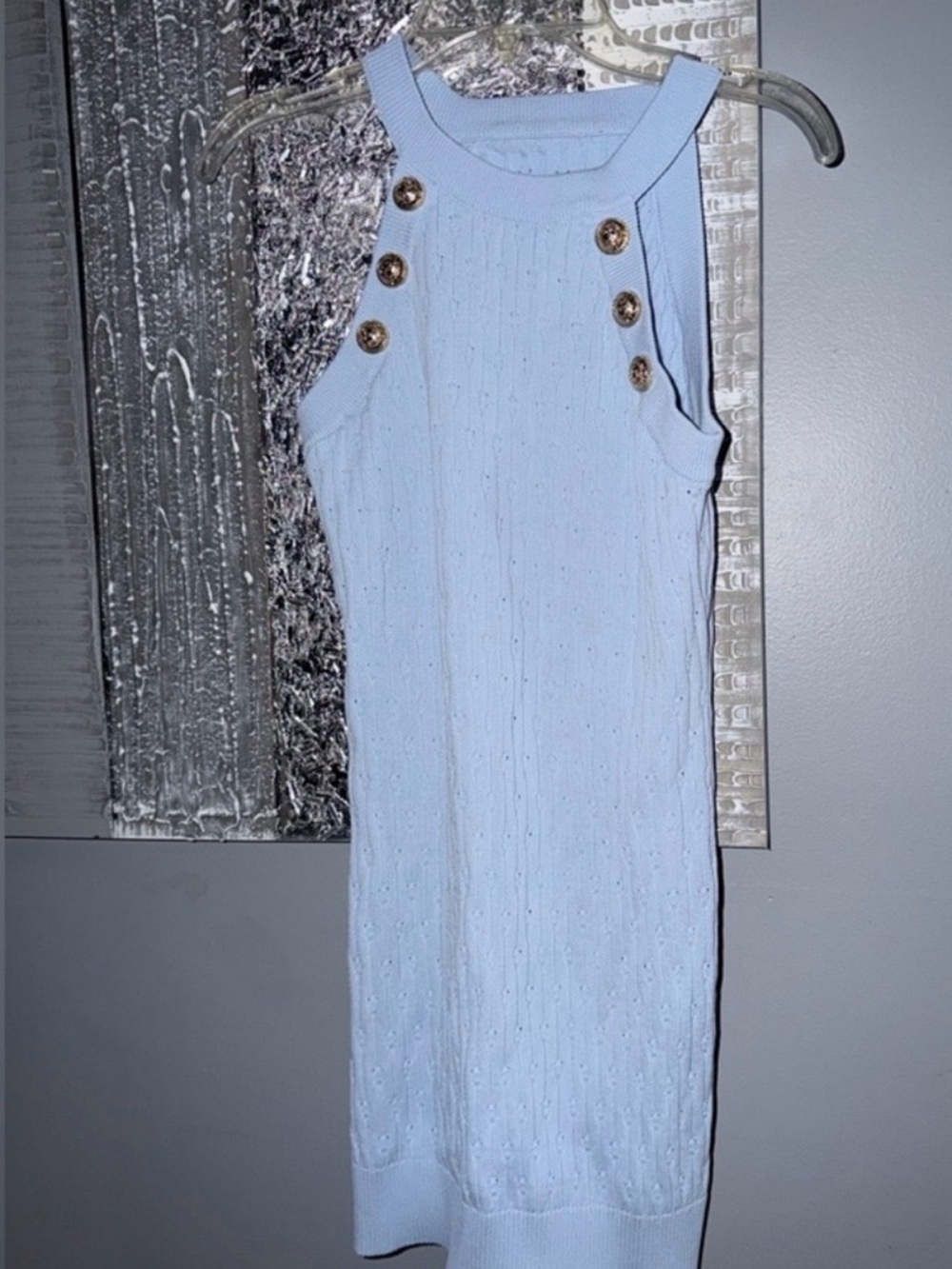 Balmain Light Blue Sleeveless Knit Dress with Gold Accent Buttons
